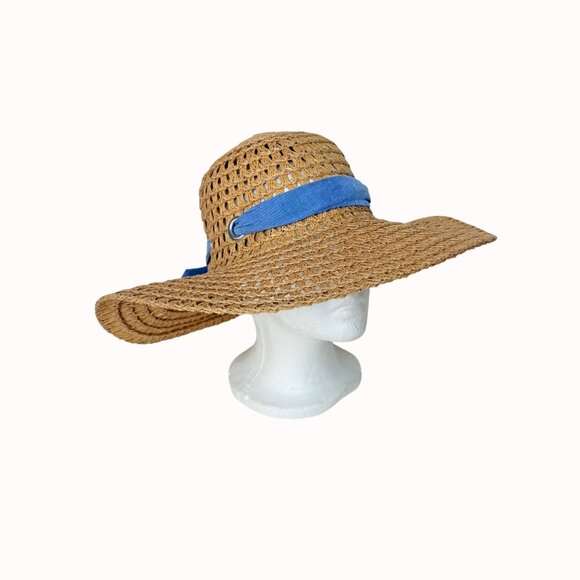 Open Weave Floppy Straw Hat Wide Brim Blue Bow Grommets Beach Cruise Resort Chic - Picture 5 of 16